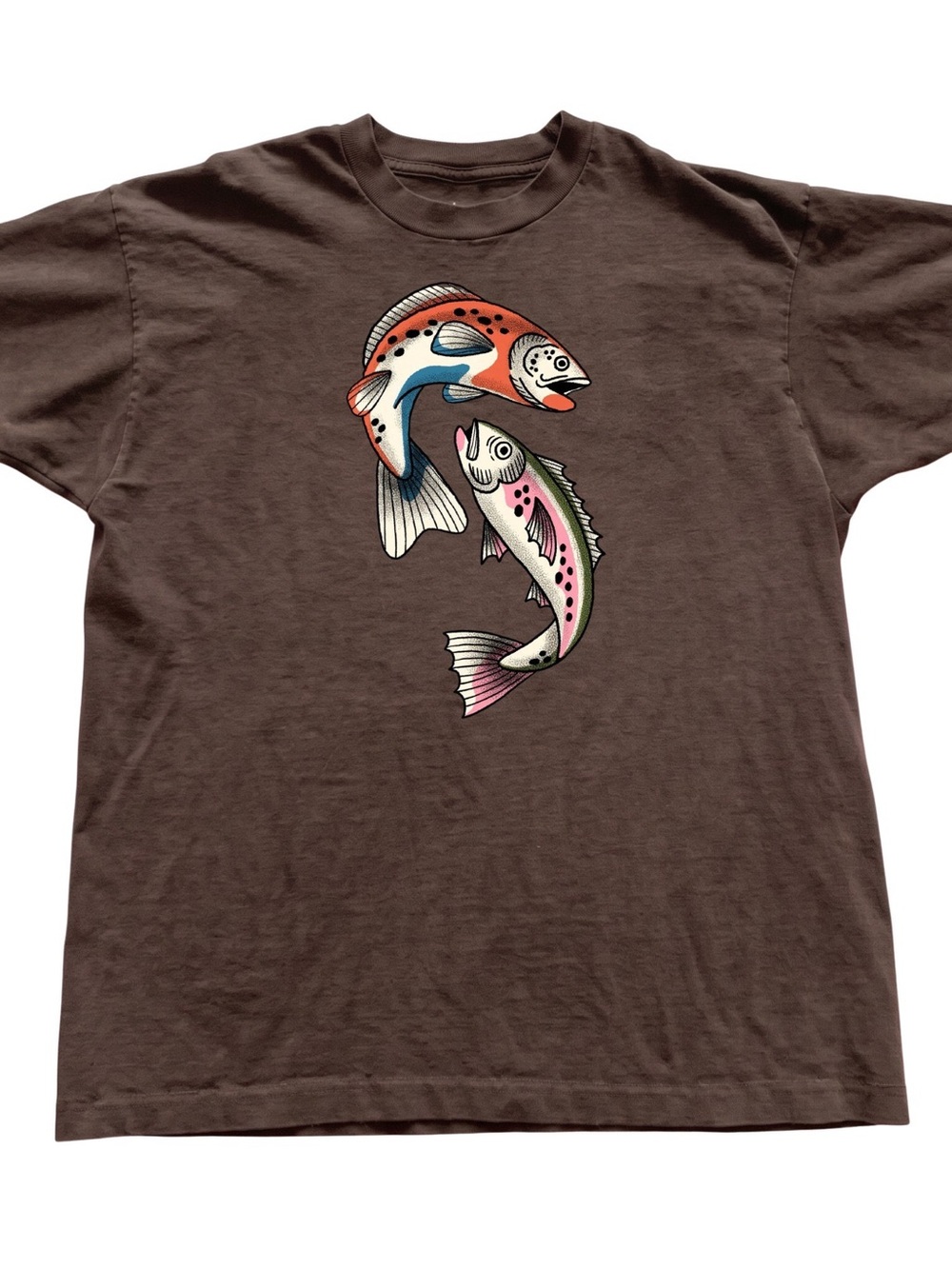 Gildan Brown Fish Graphic T‑Shirt with Orange and Pink Trout Design